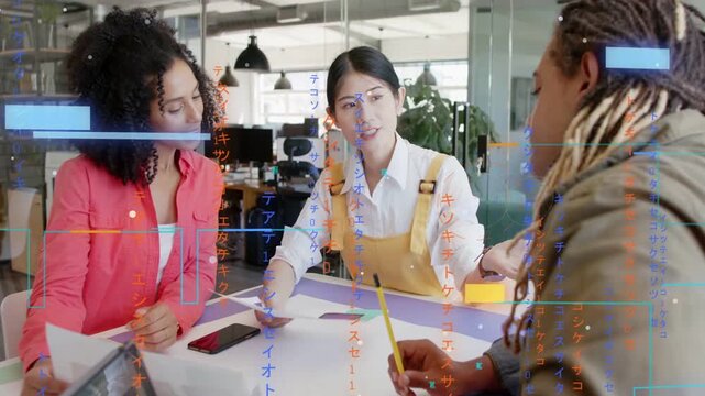 Vertical video: Center woman offering paper presenting in business, animated callouts aiding notes