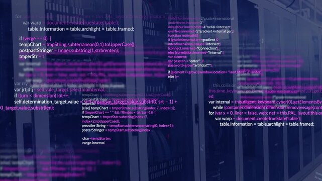 Vertical video: Data center racks reacting to input and showing code overlay and binary streams