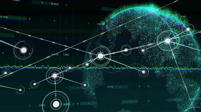 Vertical video: Base pulse sparking nodes, data net growing and linking to dot globe showing links