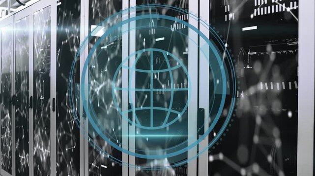 Turquoise Cyber Security text fading in, HUD forming rings and globe over servers, scanning network