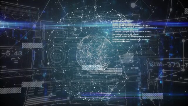 Holographic globe rotating and pulsing, data panels sliding in and showing analytics for designers