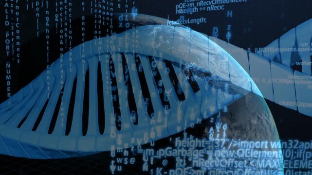 Clip playing, DNA helix translating and rotating past planet as cascading code showing genomic data