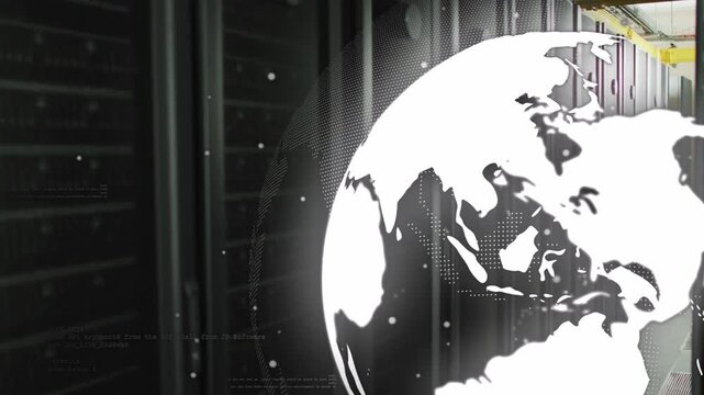 Vertical video: White globe entering right, rotating, showing global reach over tech racks