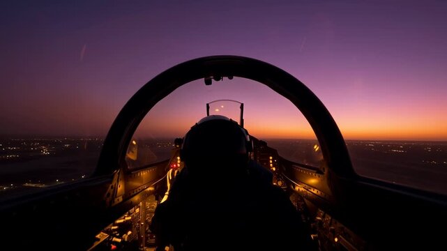 Fighter jet cockpit wide angle interior with pilot silhouette sunset sky, night flight aerial view, illuminated instrument panel