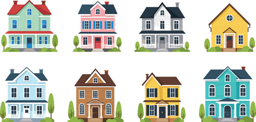 Naklejka premium Classic residential house vector set featuring suburban family homes, cottages, townhouses, and property exteriors in a flat minimalist style.