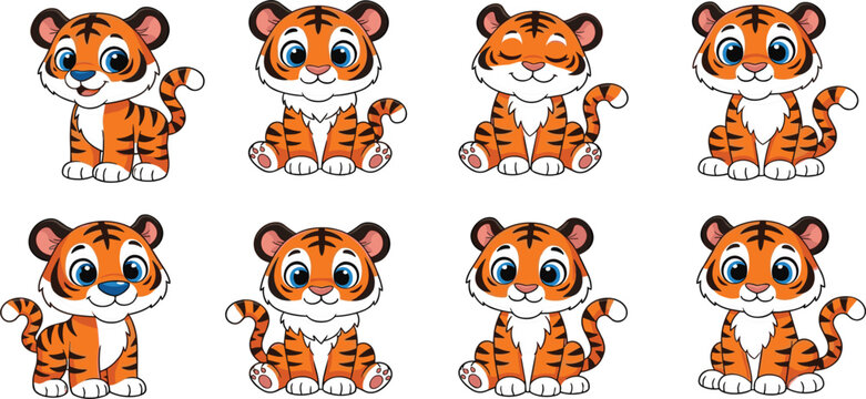 Cute Baby Tiger Character Set Featuring Various Sitting and Standing Poses with Different Facial Expressions for Kids Nursery Designs, Animal Stickers, and Kawaii Cartoon Illustrations
