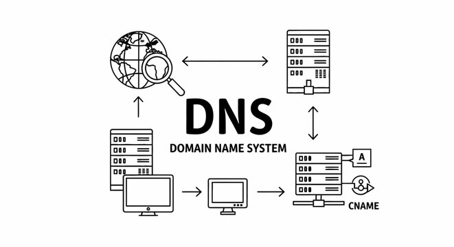 DNS Domain Name System infographic diagram with servers, globe, and network icons.