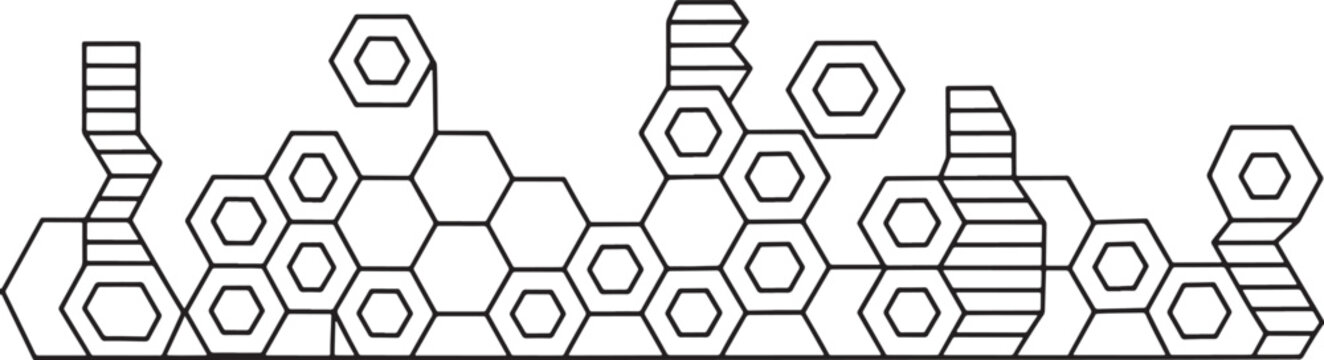 Decorative hexagonal pattern with mechanical bolt and nut elements for industrial engineering