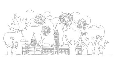 Obraz premium Canada Day Celebration: Parliament Hill Skyline, Fireworks, Maple Leaf, Flags, Cheering Crowd
