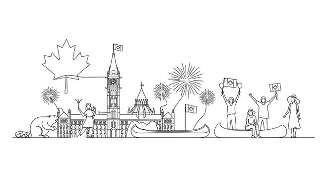 Canada Day Celebration: Ottawa Skyline, Parliament Hill, Beaver, Maple Leaf, Fireworks