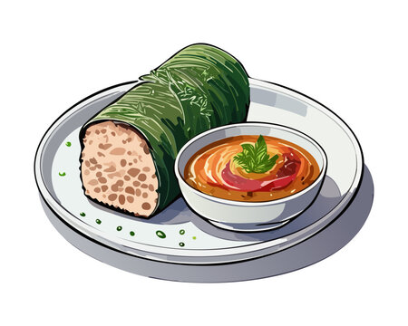 Traditional leaf wrapped rice snack with spicy sauce served on a white plate for authentic tropical dining experience - Vector Illustration