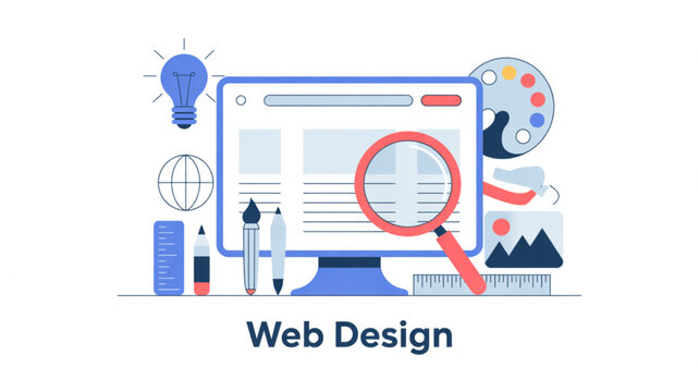 Creative web design process with laptop and magnifying glass icon Vector