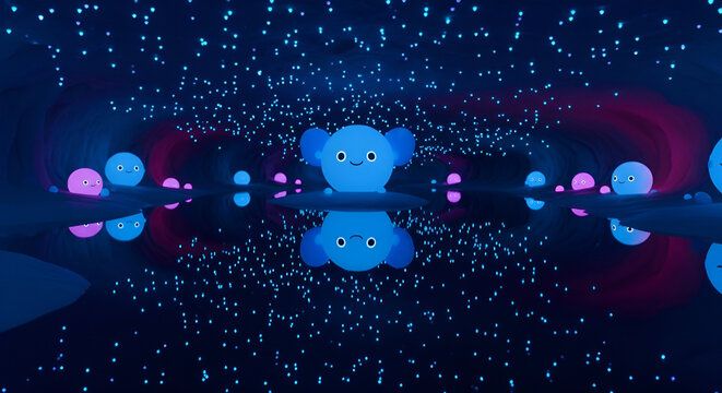 Fantasy glowworm cave with adorable glowing orbs and water reflection
