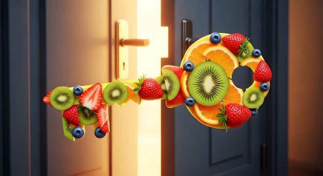 kunci pintu irisan buah segar stroberi jeruk kiwi konsep gaya hidup sehat rahasia nutrisi diet sukses membuka peluang kesehatan bugar