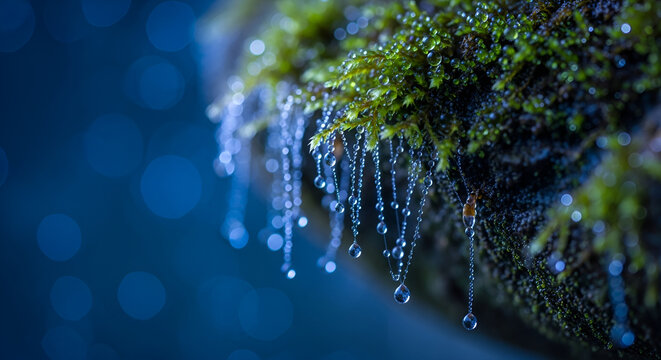 Magical glowing threads in a mossy glowworm cave environment