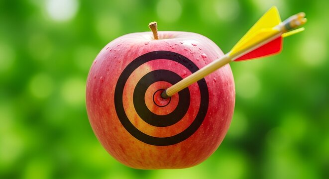 apel merah dengan target panah menancap tepat sasaran konsep tujuan kesehatan fokus diet nutrisi sukses pencapaian gaya hidup bugar