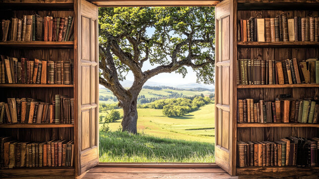 Bookshelves frame an open window revealing a vibrant green landscape with a large tree and rolling hills under a bright sky