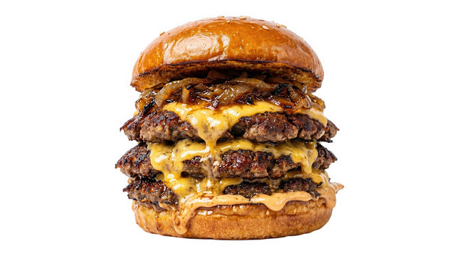 Gourmet triple smash burger with melted cheese and caramelized onions, juicy beef cheeseburger on brioche bun, isolated fast food on transparent background