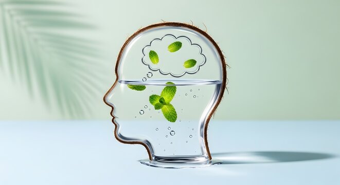 Siluet kepala kaca transparan berisi air jernih dan daun mint konsep pikiran segar kejernihan mental hidrasi kesehatan psikologi ketenangan fokus meditasi