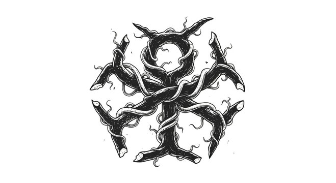 Abstract natural symbol, organic branches entwined in hexagonal shape, black and white sketch