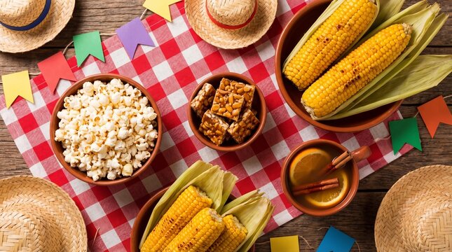 Traditional Brazilian Festa Junina table with typical foods, drinks, and festive decorations.