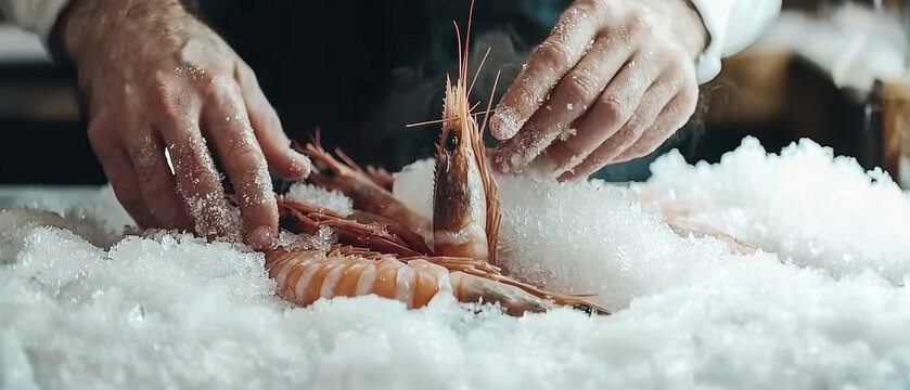 Chef's hands sprinkling salt on fresh prawns arranged on a bed of crushed ice with steam rising