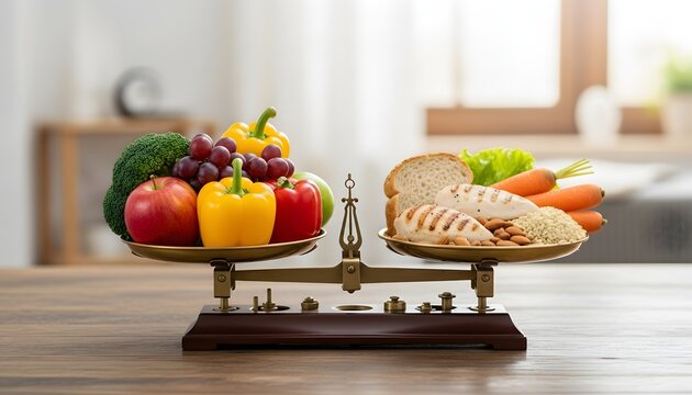 Timbangan menyeimbangkan sayuran buah segar dengan daging ayam roti biji bijian konsep diet seimbang pilihan nutrisi kalori makro