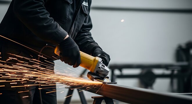 Close-up of a skilled worker using an angle grinder to cut metal, creating a vibrant shower of orange sparks. Highlights industrial work, metal fabrication, and craftsmanship.