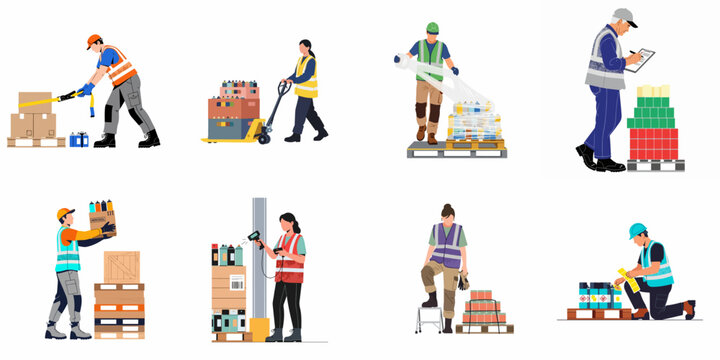 Collection of Warehouse Workers and Logistics Staff Performing Inventory Management Tasks Like Scanning, Packing, and Moving Goods on Pallets with Various Equipment