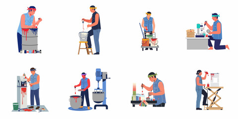 Fototapeta premium Collection of vector illustrations featuring a professional craftsman mixing paints and pigments using various industrial tools, machines, and containers in a workshop.