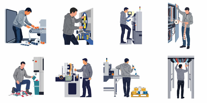 Set of vector illustrations showing a factory worker operating label printing and packaging machinery in an industrial setting.