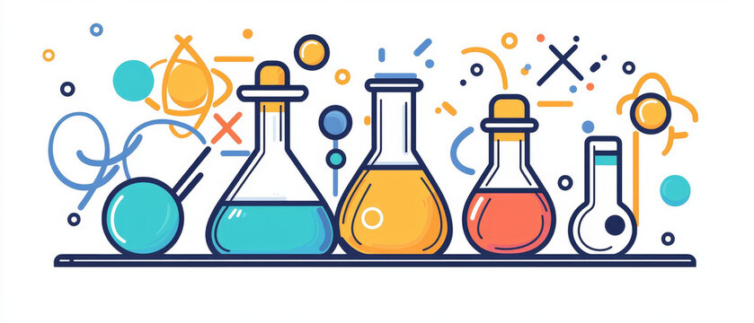 Colorful cartoon science beakers and flasks with liquids on a white background, surrounded by abstract shapes and elements
