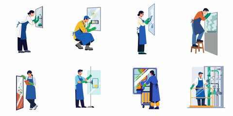 Fototapeta premium Collection of diverse laboratory workers and technicians in protective gear performing various scientific research and industrial maintenance tasks.