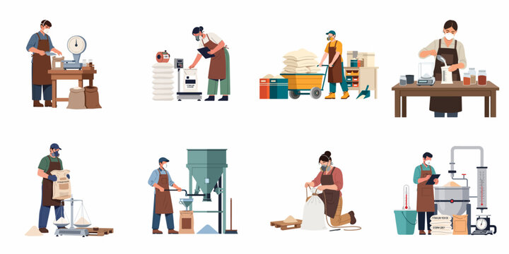 Set of Flat Vector Illustrations Depicting Workers in Protective Gear Handling Powdered Materials and Chemicals in a Factory or Laboratory Setting