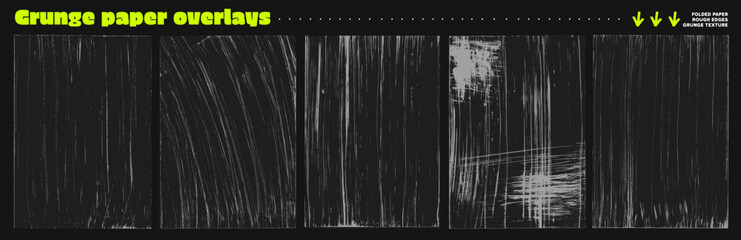 Fototapeta na wymiar Scratchy old paper overlay set with paint brush strokes and creases. Hand drawn grange sketchy dirt brochure background. Hand drawn vector overlay texture set with dirty creases.