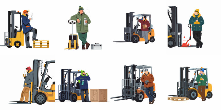 Vector illustration set featuring various forklift operators in winter clothing taking coffee breaks next to industrial machinery and warehouse equipment.