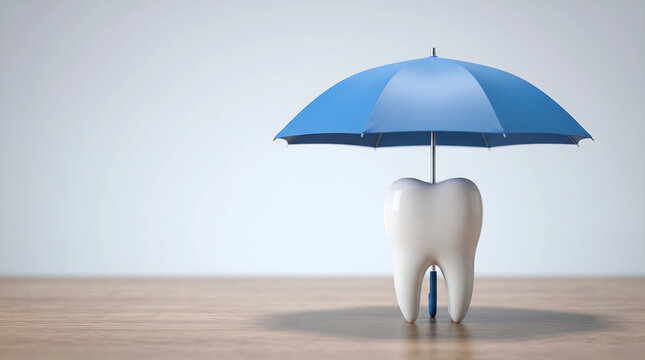 Protecting Your Smile A Conceptual Image of a Tooth Shielded by a Blue Umbrella, Symbolizing Dental Health Security and Oral Care Insurance