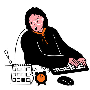 Shocked Woman Worker Rushing Deadline with Calendar and Alarm Clock Work Concept Vector Illustration
