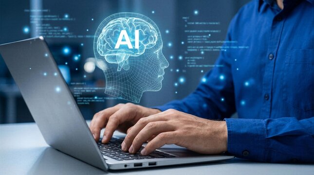 Futuristic concept of artificial intelligence with glowing brain profile and digital data points over laptop
