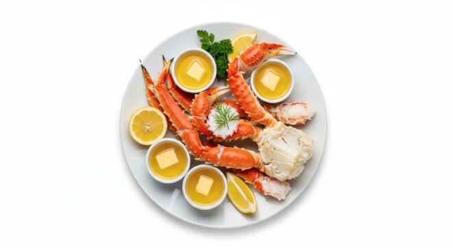 A plate of king crab legs with melted butter and lemon slices on a white background