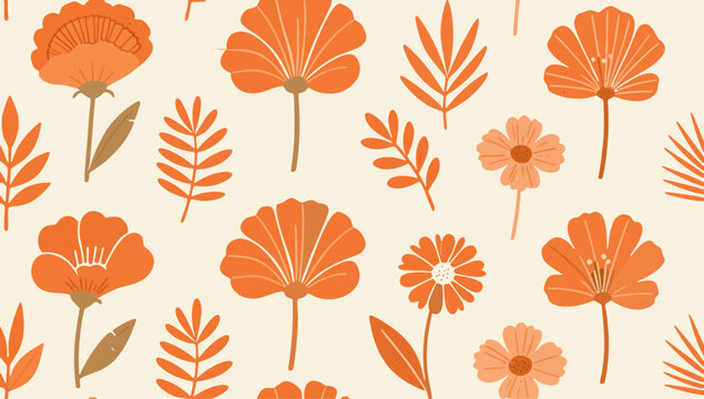 Orange floral pattern with leaves on cream background vector