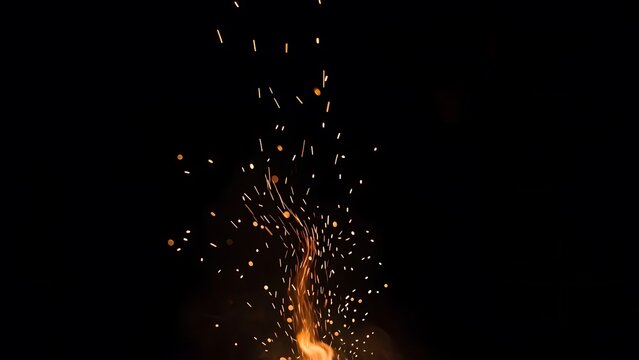 Fiery sparks ascend into the black expanse, embodying raw energy and transient beauty, the essence of a captured moment.
