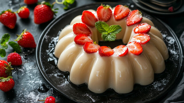 Creamy fluted pudding adorned with fresh sliced strawberries and mint, presented on a dark plate surrounded by whole berries