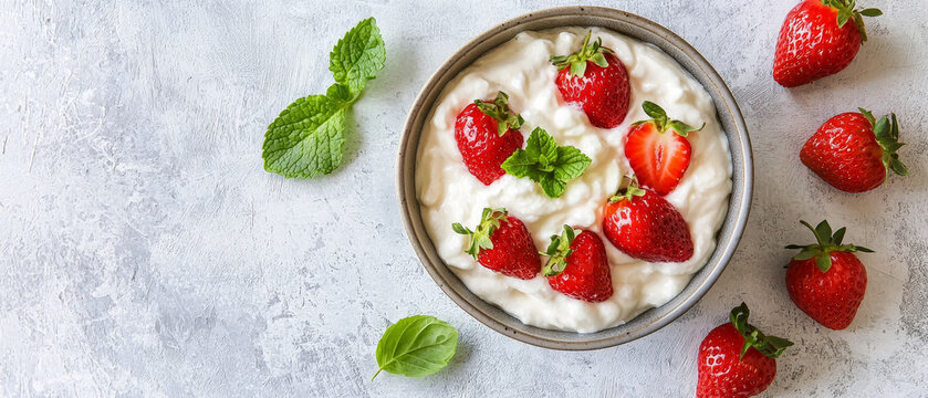 Creamy white dessert with fresh red strawberries and vibrant mint leaves in a bowl, surrounded by scattered berries on a textured light background