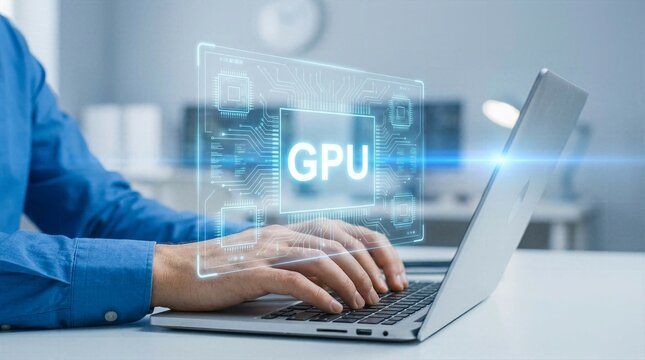 Tech specialist working on computer with holographic GPU microchip display for server management and cryptocurrency mining concept