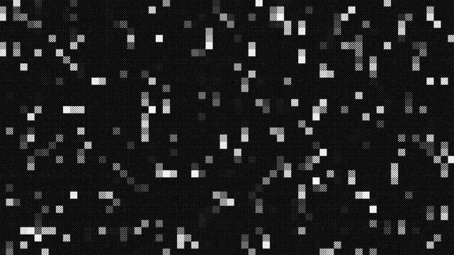 Black and white pixels and light particles falling down animation