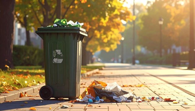 A green trash can on a sidewalk with litter scattered around