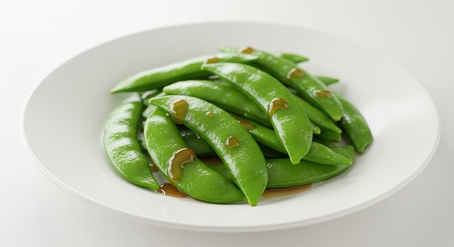 Freshly steamed sugar snap peas glisten with a light savory dressing appealing to healthy food enthusiasts. AI Generated