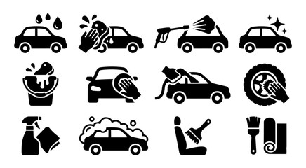 Fototapeta premium Car Detailing Icon Set Vehicle Cleaning Auto Care Wash Silhouette Collection