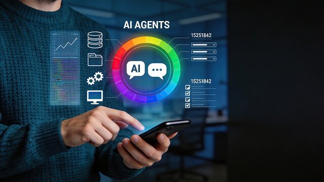 AI Agents concept on smartphone screen with data analytics business growth charts coding interface and futuristic UI elements for digital transformation and innovation